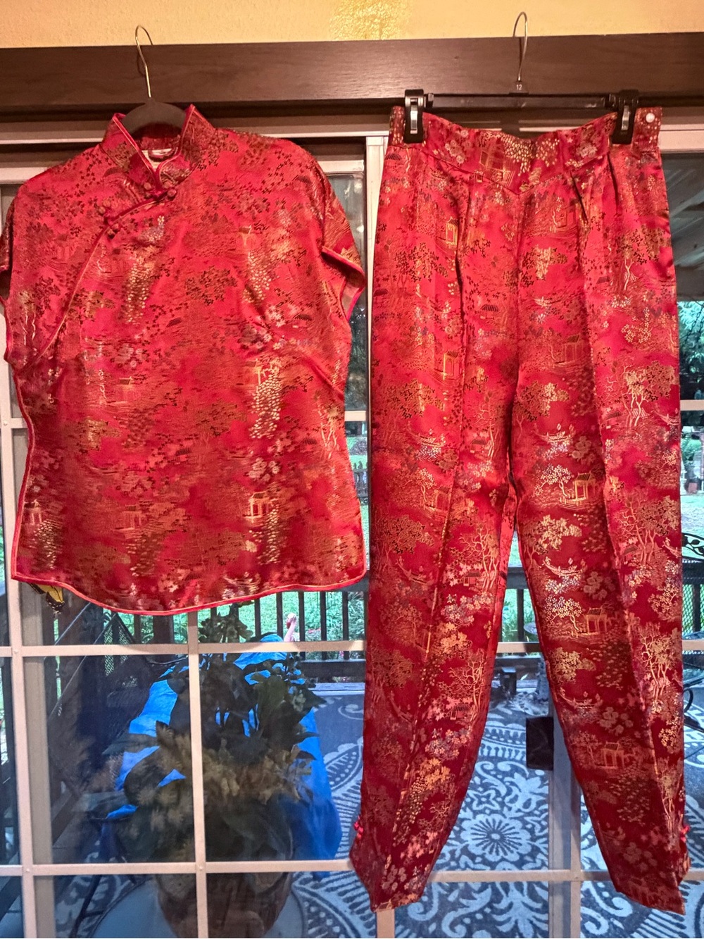 Red Satin Mandarin Collar Pant Set - Asian-Inspired Women's Pantsuit - Picture 2 of 8